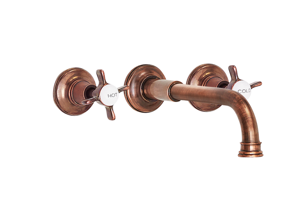 Wall Basin Three Hole Lever Taps with Basin Spout - Cross Handle Antique Copper / Cross Handle