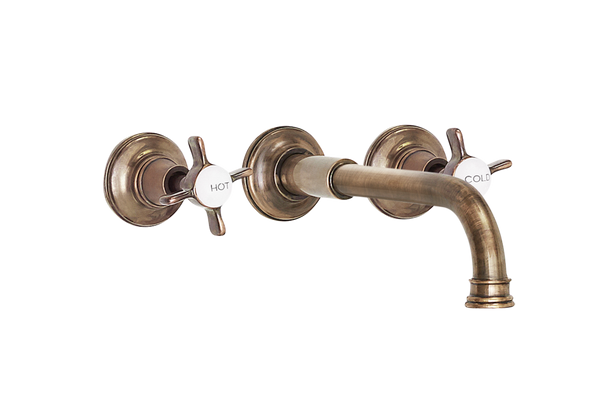 Wall Basin Three Hole Lever Taps with Basin Spout - Cross Handle Antique Copper / Cross Handle